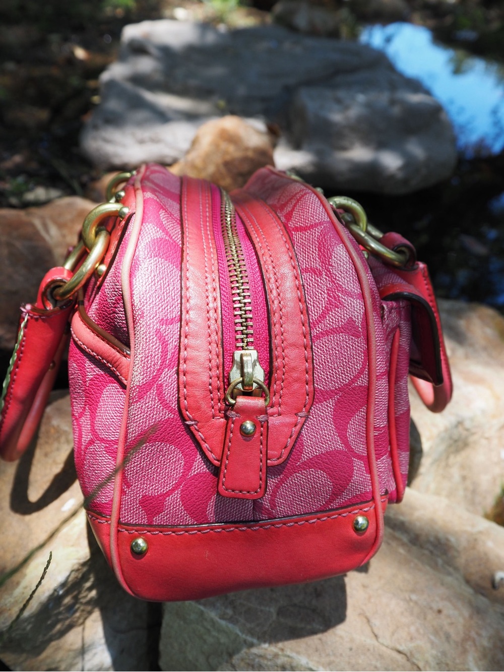 Coach Heritage Pink Signature Stripe Satchel - Picture 7 of 11